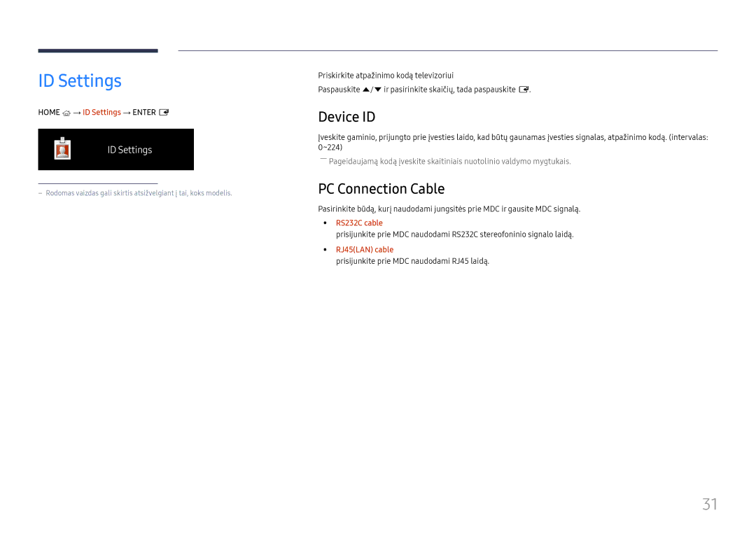 Samsung SBB-MT12EA/EN manual ID Settings, Device ID, PC Connection Cable, Prisijunkite prie MDC naudodami RJ45 laidą 