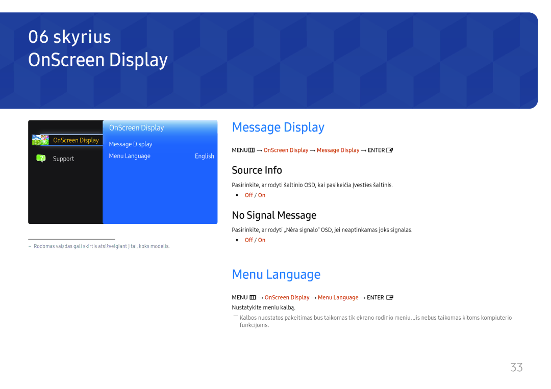 Samsung SBB-MT12EA/EN manual OnScreen Display, Message Display, Menu Language, Source Info, No Signal Message 