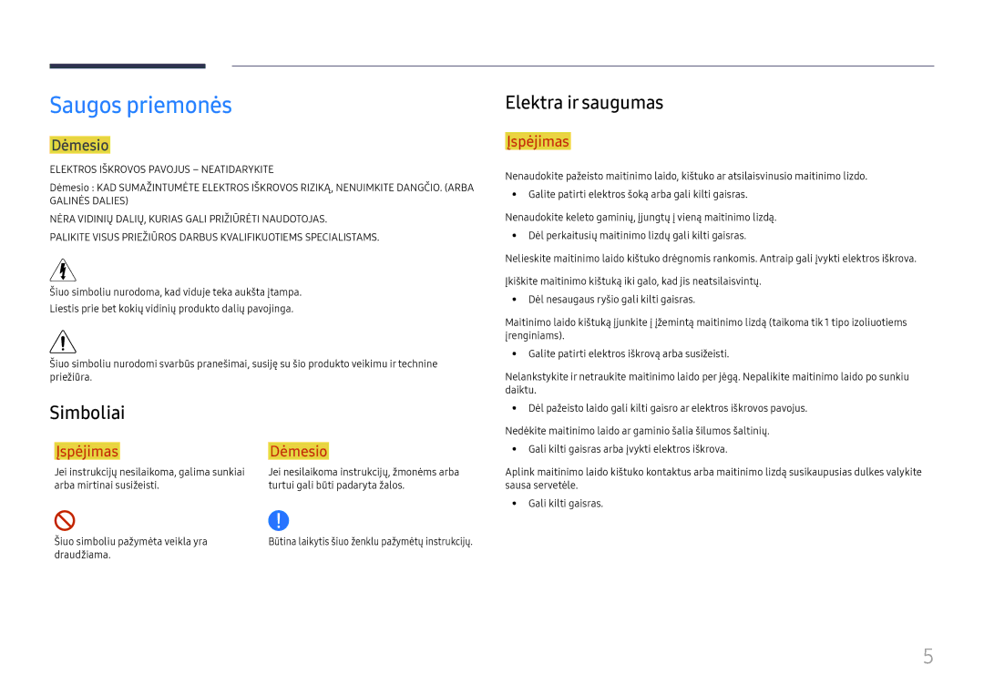 Samsung SBB-MT12EA/EN manual Saugos priemonės, Elektra ir saugumas, Simboliai, Dėmesio 