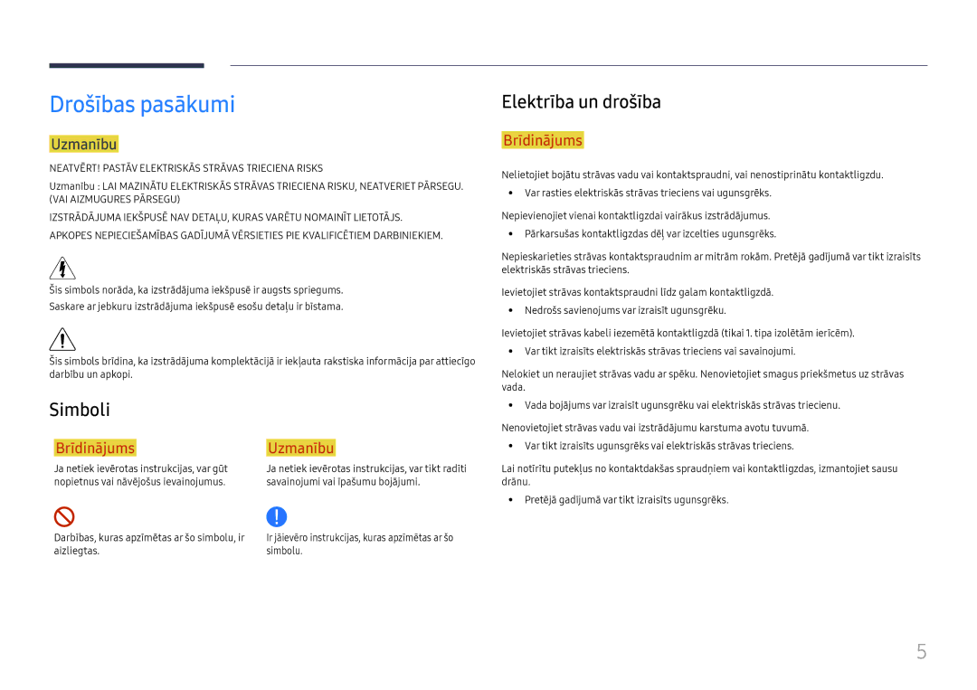 Samsung SBB-MT12EA/EN manual Drošības pasākumi, Simboli, Elektrība un drošība, Uzmanību 