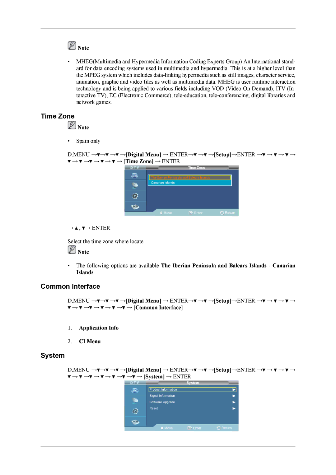 Samsung SBB-DTB/EN, SBB-NTBAB/EN, SBB-NTBSB/EN, SBB-NTBSB/NG Time Zone, Common Interface, System, Application Info CI Menu 