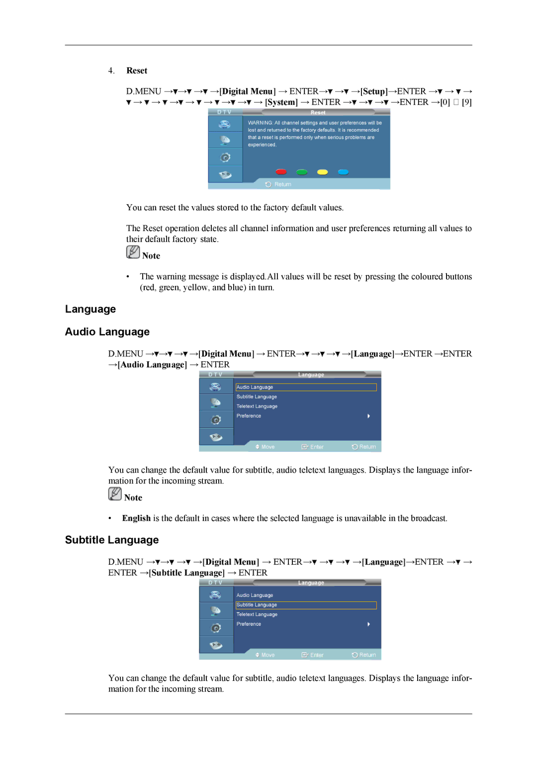 Samsung SBB-NTBAB/ZA, SBB-NTBAB/EN, SBB-NTBSB/EN, SBB-DTB/EN, SBB-NTBSB/NG Language Audio Language, Subtitle Language, Reset 