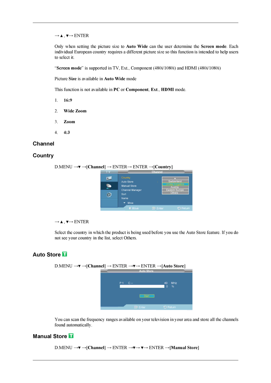 Samsung SBB-NTBSB/SM, SBB-NTBAB/EN, SBB-NTBSB/EN, SBB-DTB/EN, SBB-NTBSB/NG manual Channel Country, Auto Store, Manual Store 