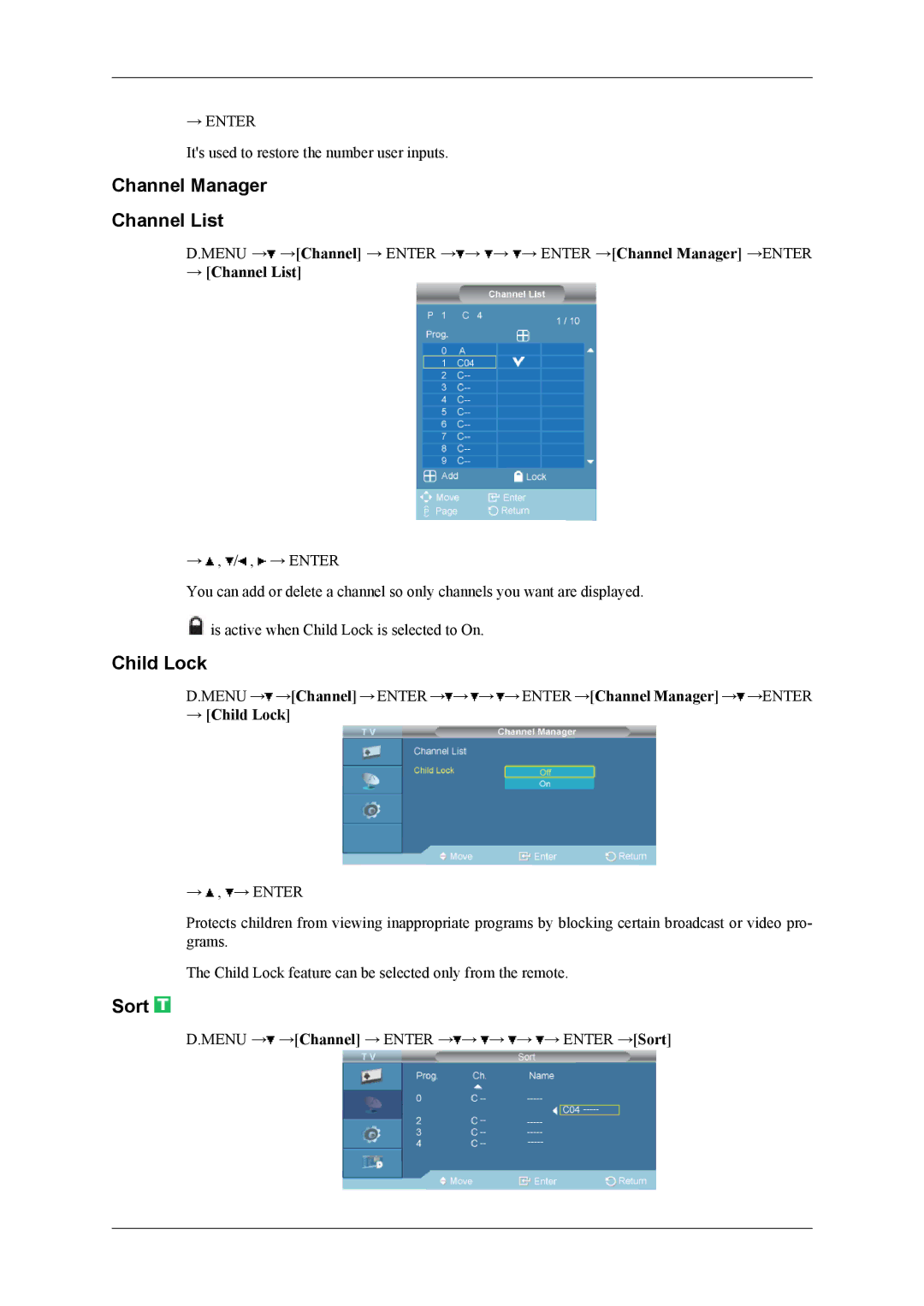 Samsung SBB-DTB/EN, SBB-NTBAB/EN, SBB-NTBSB/EN manual Channel Manager Channel List, Sort, → Channel List, → Child Lock 