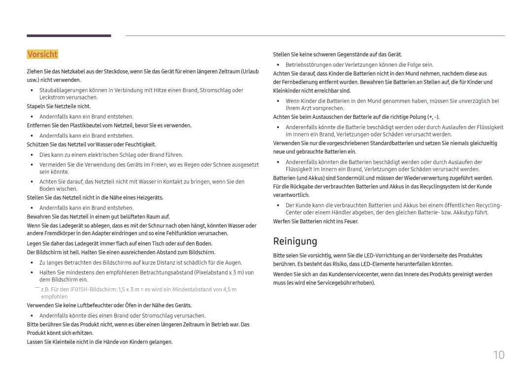 Samsung SBB-SNOWH3U/EN, LH025IFHSAS/EN, LH025IFHTAS/EN, LH015IFHSAS/EN, LH020IFHSAS/EN manual Reinigung 