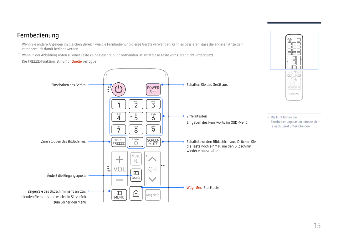 Samsung SBB-SNOWH3U/EN, LH025IFHSAS/EN, LH025IFHTAS/EN, LH015IFHSAS/EN, LH020IFHSAS/EN manual Fernbedienung 