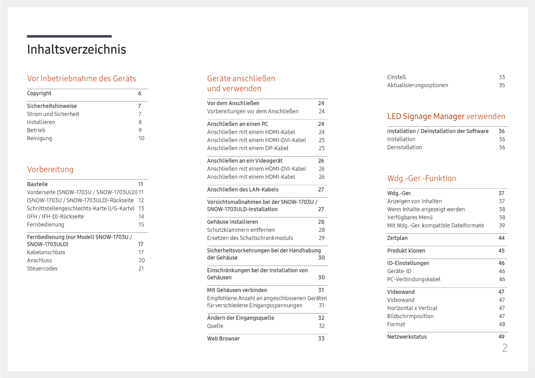 Samsung LH025IFHTAS/EN, SBB-SNOWH3U/EN, LH025IFHSAS/EN, LH015IFHSAS/EN, LH020IFHSAS/EN manual Inhaltsverzeichnis 