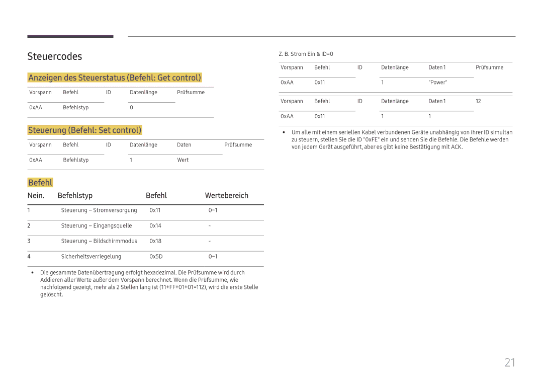 Samsung LH025IFHSAS/EN manual Steuercodes, Anzeigen des Steuerstatus Befehl Get control, Steuerung Befehl Set control 