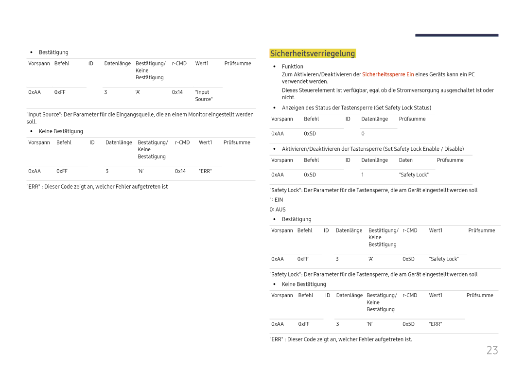 Samsung LH015IFHSAS/EN, SBB-SNOWH3U/EN, LH025IFHSAS/EN, LH025IFHTAS/EN, LH020IFHSAS/EN manual Sicherheitsverriegelung 