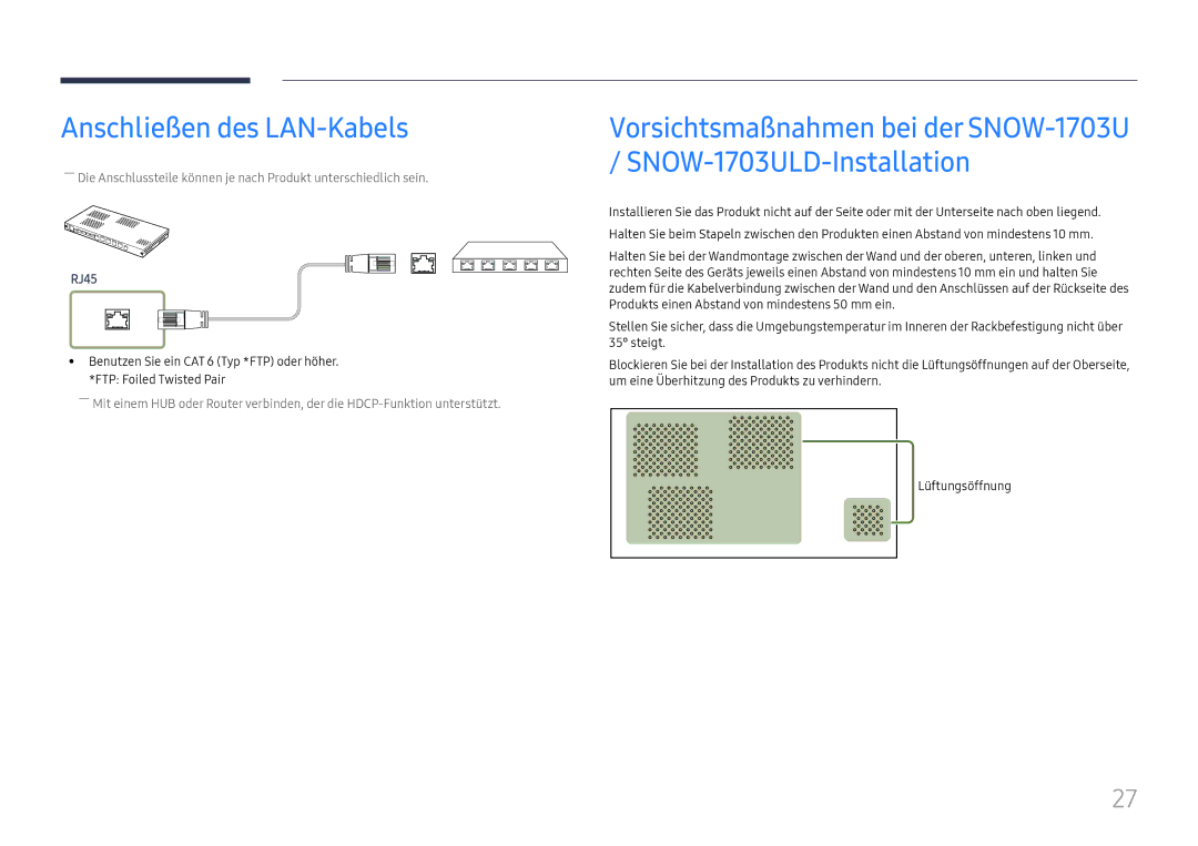 Samsung LH025IFHTAS/EN, SBB-SNOWH3U/EN, LH025IFHSAS/EN, LH015IFHSAS/EN, LH020IFHSAS/EN manual Anschließen des LAN-Kabels, RJ45 