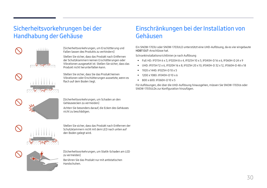 Samsung SBB-SNOWH3U/EN, LH025IFHSAS/EN, LH025IFHTAS/EN, LH015IFHSAS/EN Einschränkungen bei der Installation von Gehäusen 