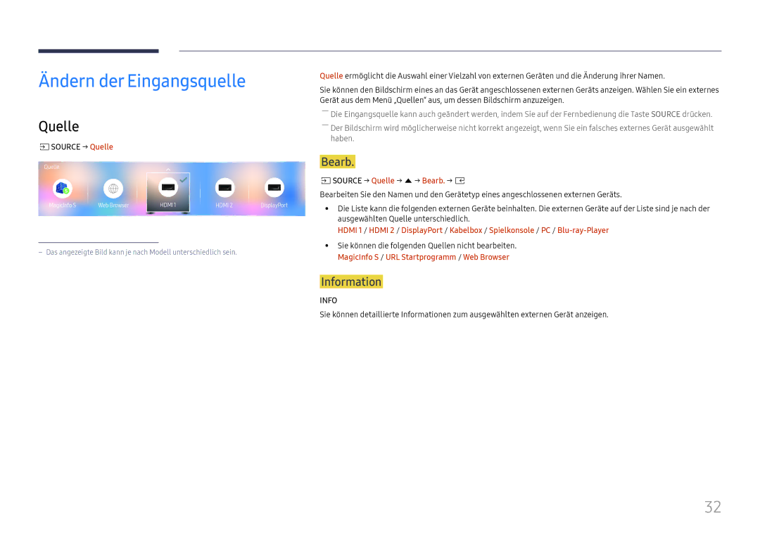 Samsung LH025IFHTAS/EN, SBB-SNOWH3U/EN, LH025IFHSAS/EN, LH015IFHSAS/EN Ändern der Eingangsquelle, Quelle, Bearb, Information 