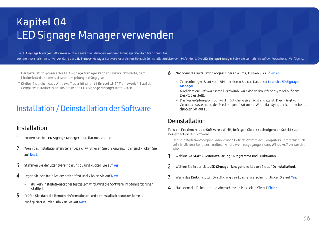 Samsung LH025IFHSAS/EN, SBB-SNOWH3U/EN, LH025IFHTAS/EN manual LED Signage Managerverwenden, Installation, Deinstallation 
