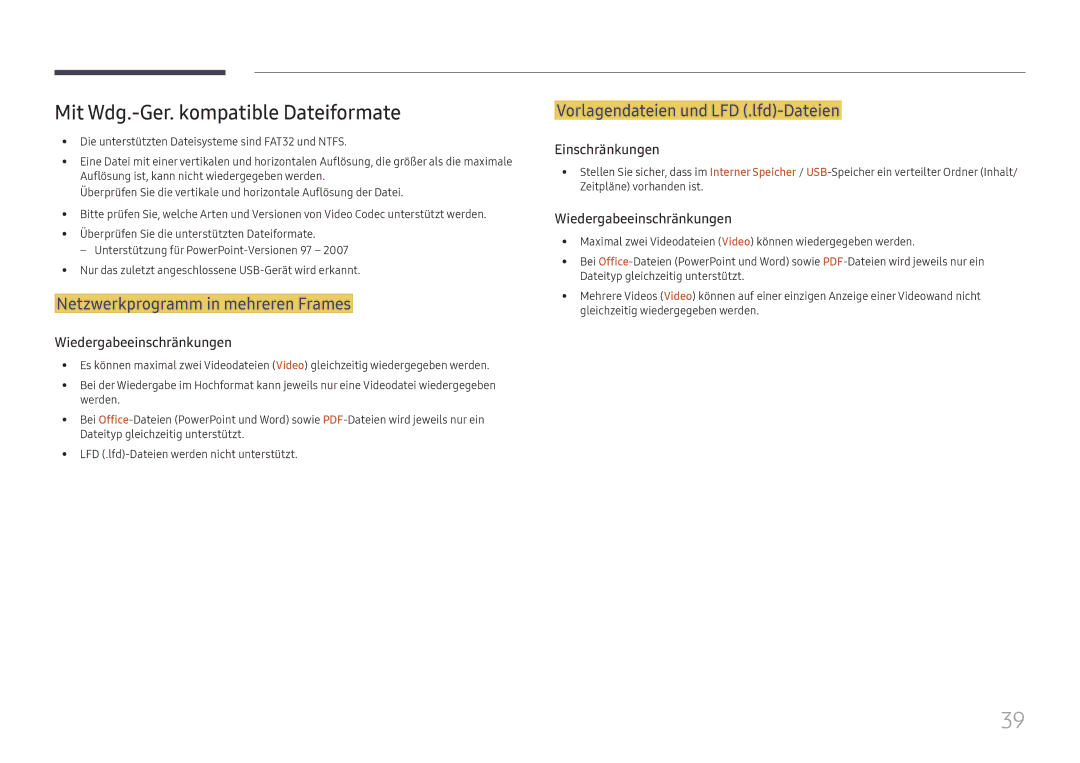 Samsung LH020IFHSAS/EN manual Mit Wdg.-Ger. kompatible Dateiformate, Netzwerkprogramm in mehreren Frames, Einschränkungen 