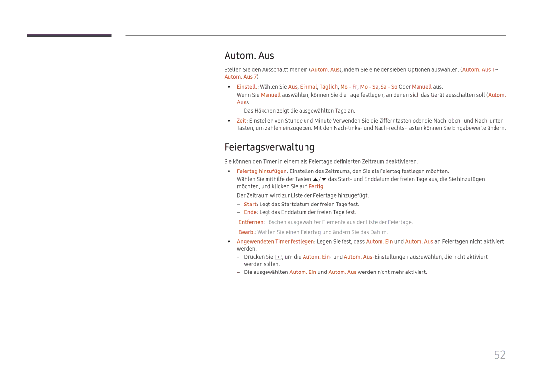 Samsung LH025IFHTAS/EN, SBB-SNOWH3U/EN, LH025IFHSAS/EN, LH015IFHSAS/EN, LH020IFHSAS/EN manual Autom. Aus, Feiertagsverwaltung 