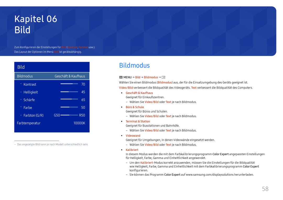 Samsung LH015IFHSAS/EN, SBB-SNOWH3U/EN, LH025IFHSAS/EN, LH025IFHTAS/EN, LH020IFHSAS/EN manual MMENU → Bild → Bildmodus → E 