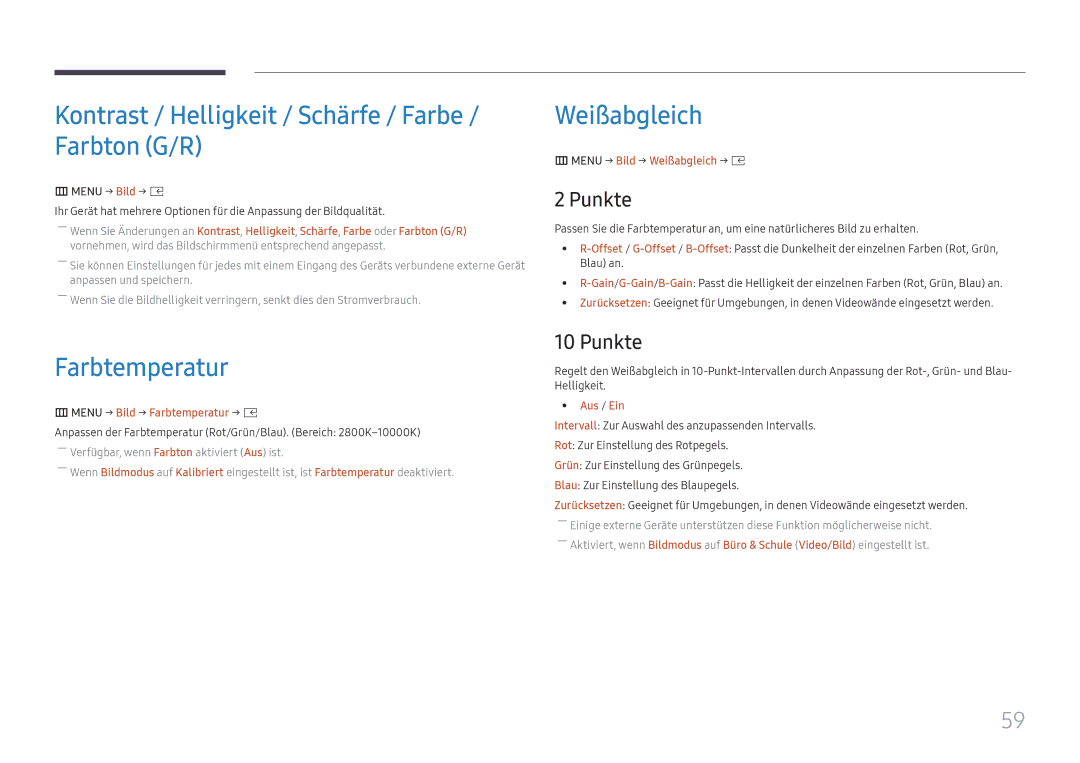 Samsung LH020IFHSAS/EN manual Kontrast / Helligkeit / Schärfe / Farbe / Farbton G/R, Weißabgleich, Farbtemperatur, Punkte 