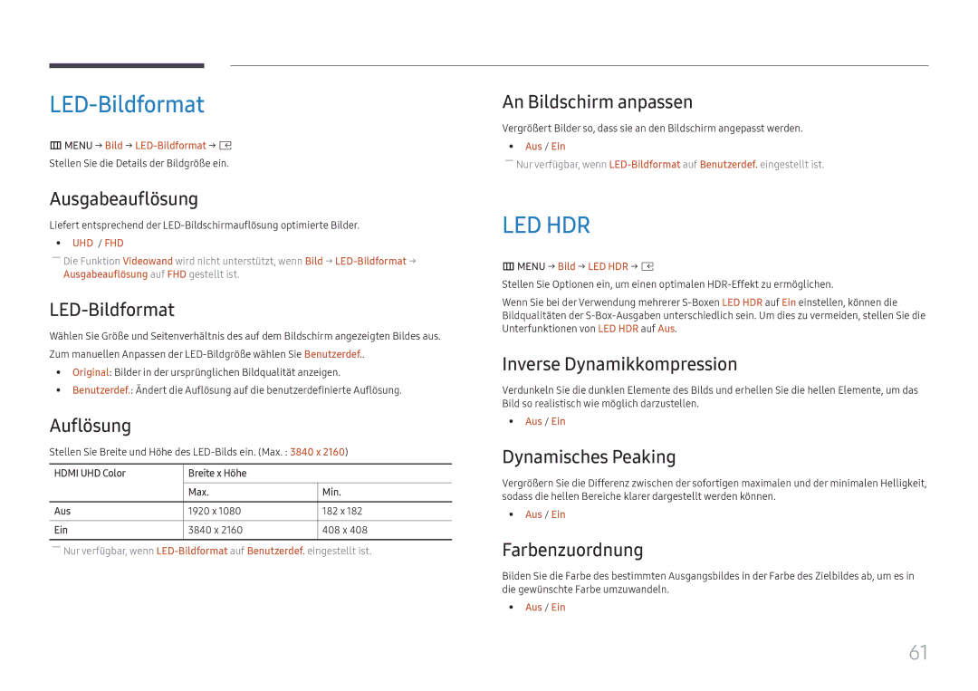 Samsung LH025IFHSAS/EN, SBB-SNOWH3U/EN, LH025IFHTAS/EN, LH015IFHSAS/EN, LH020IFHSAS/EN manual LED-Bildformat 