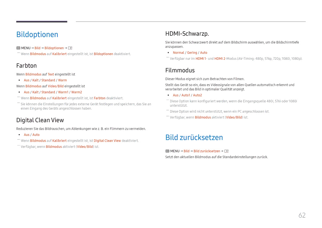 Samsung LH025IFHTAS/EN, SBB-SNOWH3U/EN, LH025IFHSAS/EN, LH015IFHSAS/EN, LH020IFHSAS/EN manual Bildoptionen, Bild zurücksetzen 