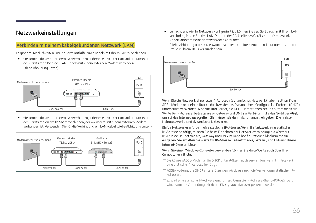 Samsung LH025IFHSAS/EN, SBB-SNOWH3U/EN manual Netzwerkeinstellungen, Verbinden mit einem kabelgebundenen Netzwerk LAN 