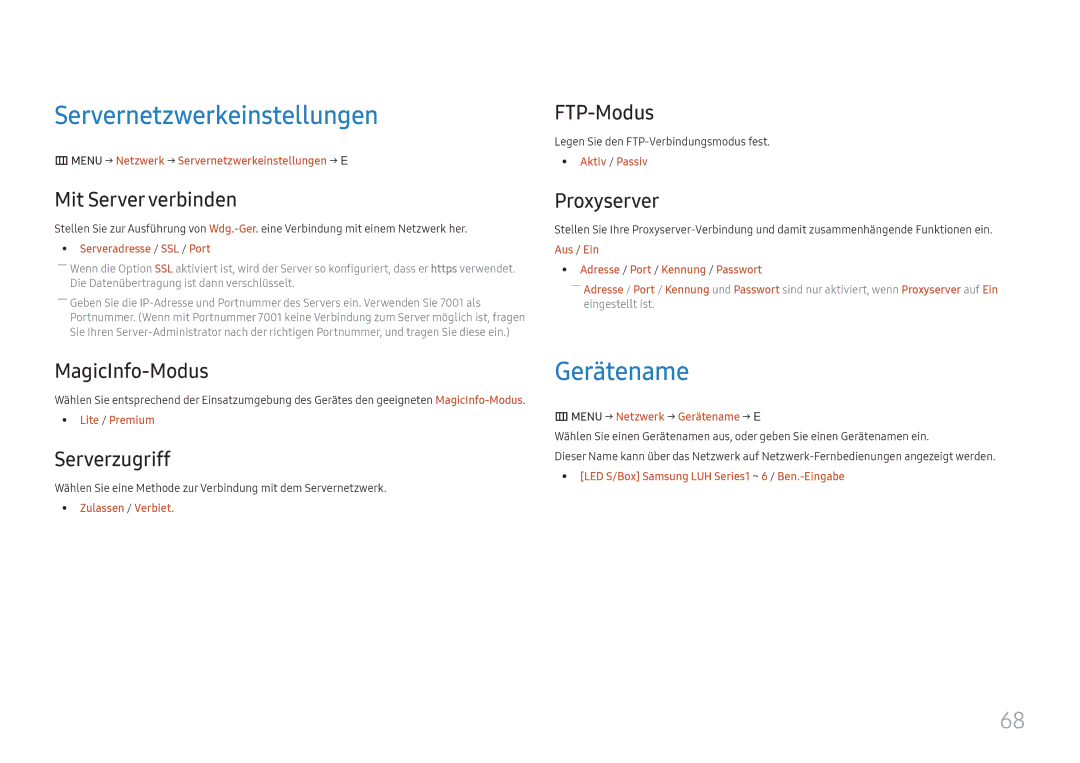 Samsung LH015IFHSAS/EN, SBB-SNOWH3U/EN, LH025IFHSAS/EN, LH025IFHTAS/EN manual Servernetzwerkeinstellungen, Gerätename 