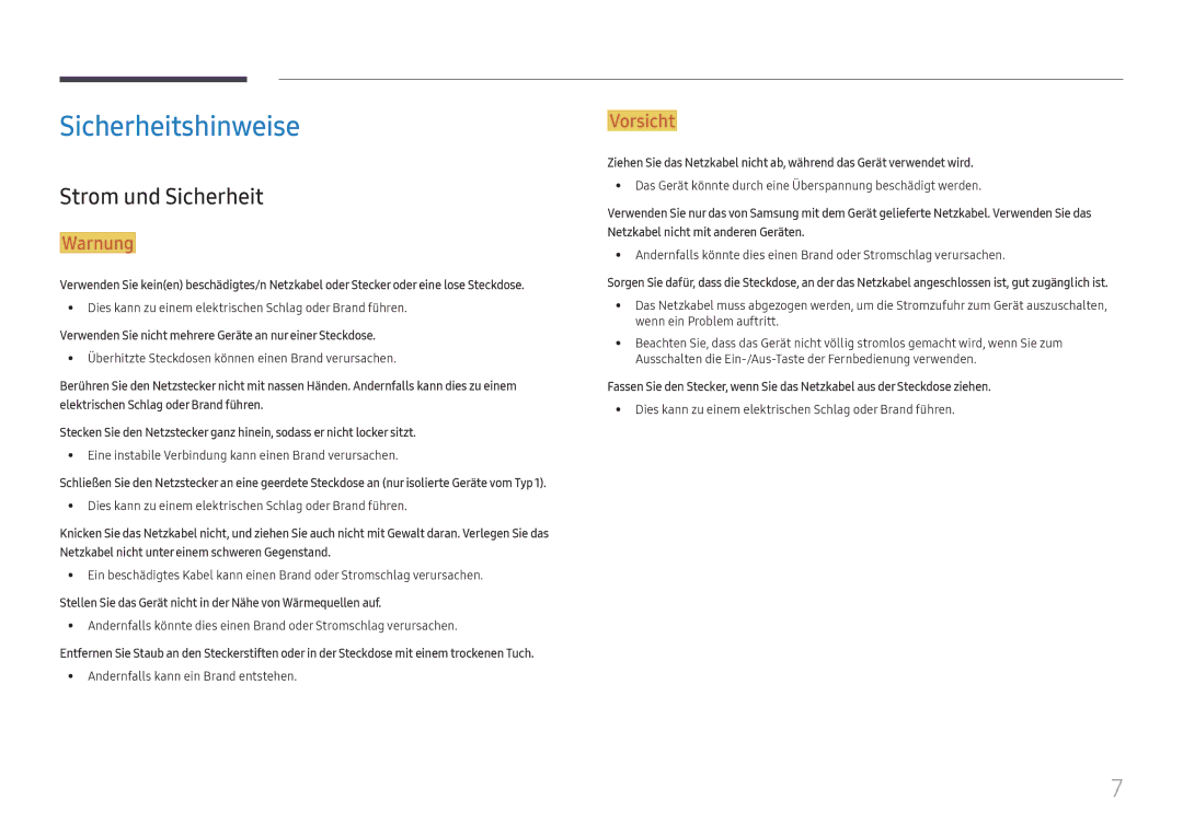 Samsung LH025IFHTAS/EN, SBB-SNOWH3U/EN, LH025IFHSAS/EN, LH015IFHSAS/EN manual Sicherheitshinweise, Strom und Sicherheit 