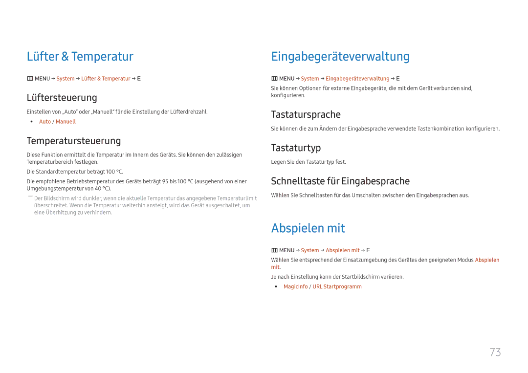 Samsung LH015IFHSAS/EN, SBB-SNOWH3U/EN, LH025IFHSAS/EN manual Lüfter & Temperatur, Eingabegeräteverwaltung, Abspielen mit 