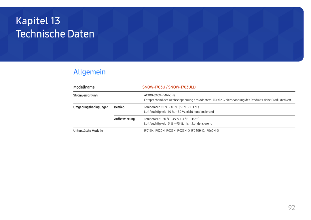 Samsung LH025IFHTAS/EN Technische Daten, Stromversorgung, Umgebungsbedingungen Betrieb, Aufbewahrung, Unterstützte Modelle 