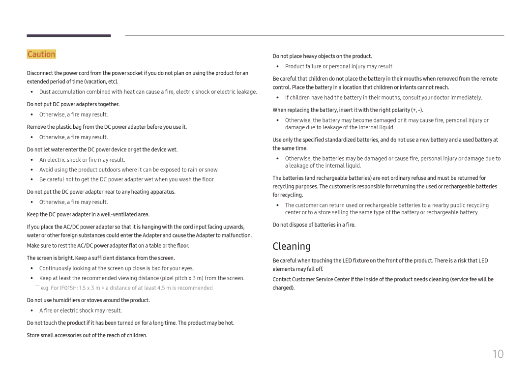 Samsung LH015IFHSAS/XV manual Cleaning, Do not put DC power adapters together, Do not dispose of batteries in a fire 