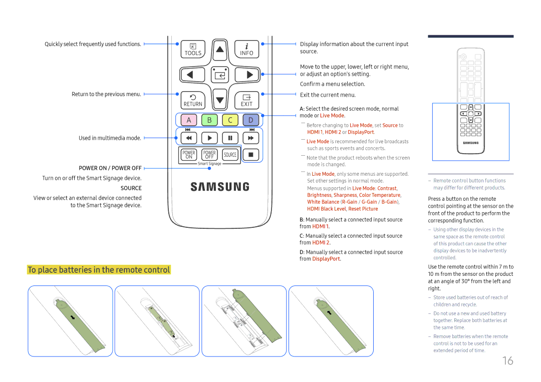 Samsung LH015IFHTAS/EN, SBB-SNOWH3U/EN To place batteries in the remote control, Turn on or off the Smart Signage device 