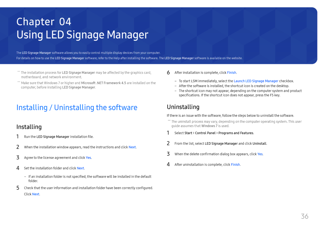 Samsung LH015IFHSAS/XV, SBB-SNOWH3U/EN, LH025IFHSAS/EN Using LED Signage Manager, Installing / Uninstalling the software 