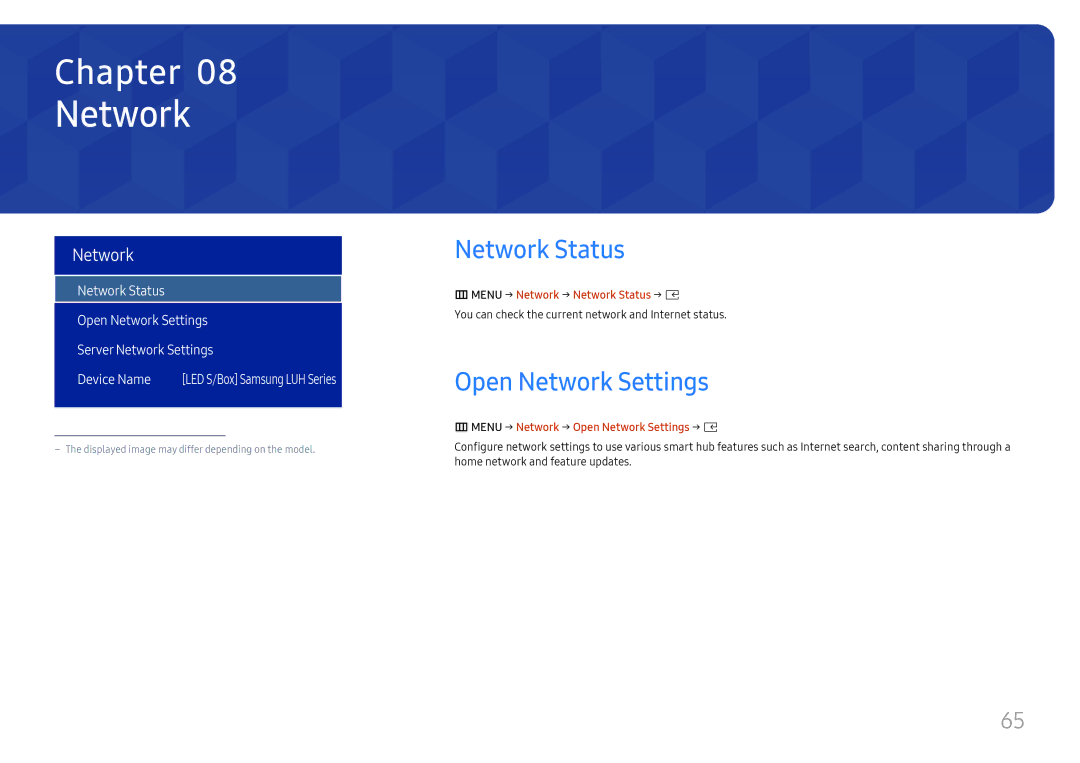 Samsung SBB-SNOWH3U/EN, LH025IFHSAS/EN, LH025IFHTAS/EN manual Open Network Settings, MMENU → Network → Network Status → E 