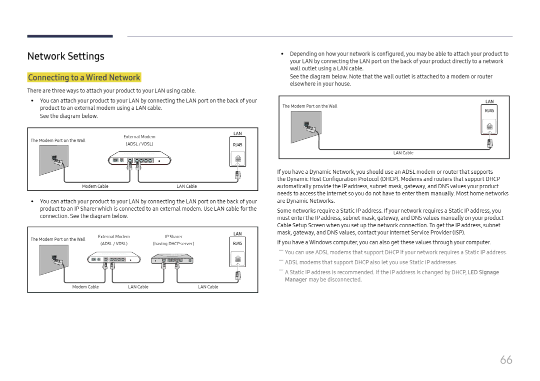 Samsung LH025IFHSAS/EN, SBB-SNOWH3U/EN, LH025IFHTAS/EN, LH015IFHTAS/EN manual Network Settings, Connecting to a Wired Network 