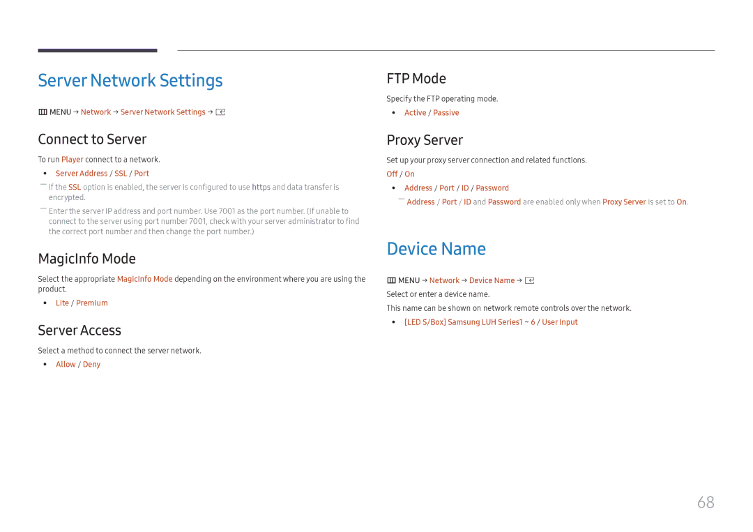 Samsung LH015IFHTAS/EN, SBB-SNOWH3U/EN, LH025IFHSAS/EN, LH025IFHTAS/EN, LH015IFHSAS/EN Server Network Settings, Device Name 