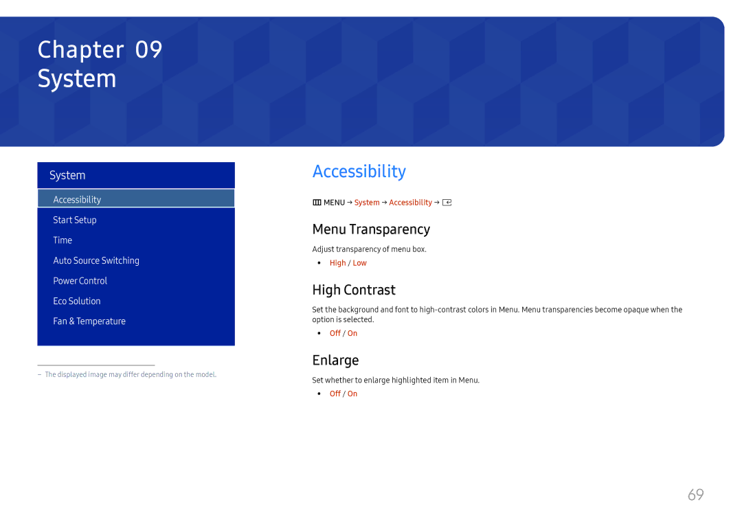 Samsung LH015IFHSAS/EN, SBB-SNOWH3U/EN, LH025IFHSAS/EN System, Accessibility, Menu Transparency, High Contrast, Enlarge 