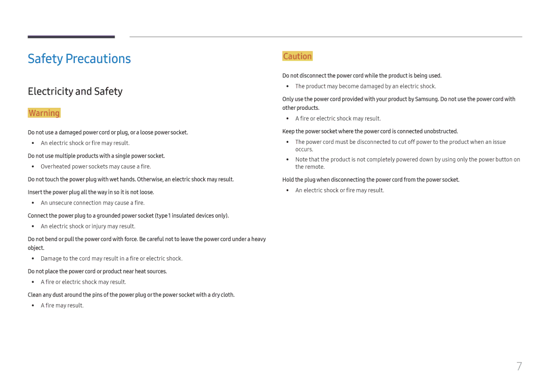 Samsung SBB-SNOWH3U/UE Safety Precautions, Electricity and Safety, Do not use multiple products with a single power socket 