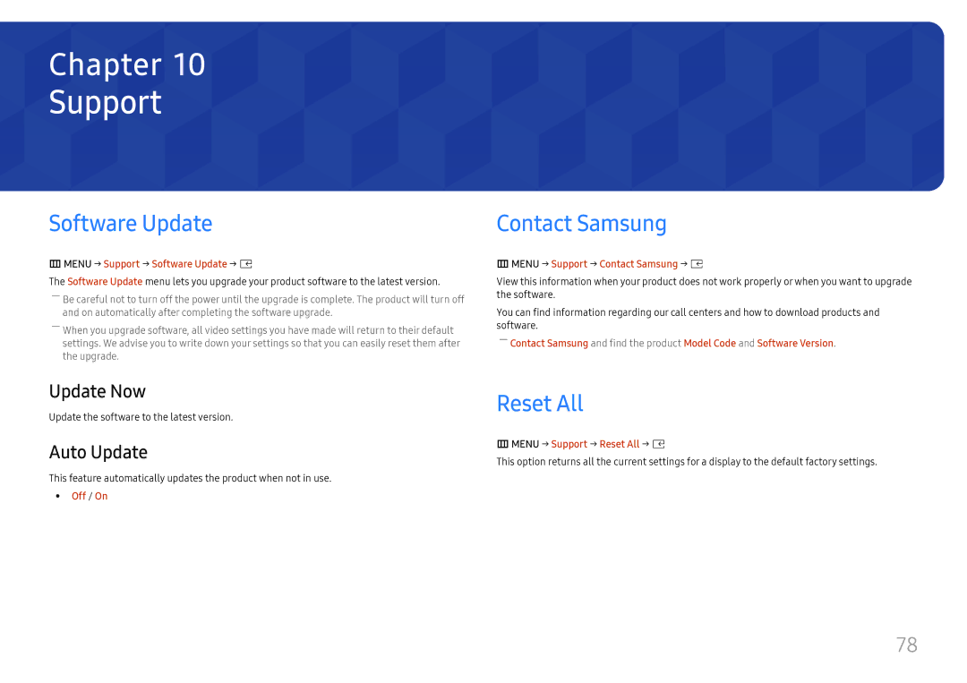 Samsung SBB-SNOWH3U/EN, LH025IFHSAS/EN, LH025IFHTAS/EN, LH015IFHTAS/EN Support, Software Update, Contact Samsung, Reset All 