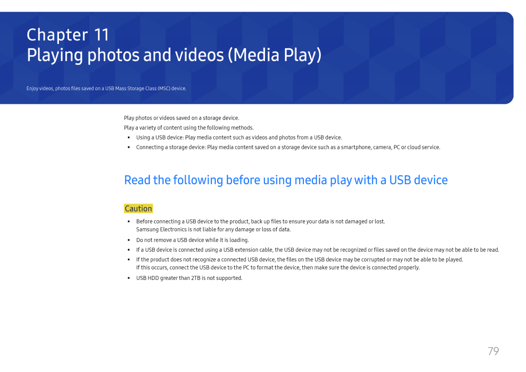 Samsung LH025IFHSAS/EN Playing photos and videos Media Play, Read the following before using media play with a USB device 
