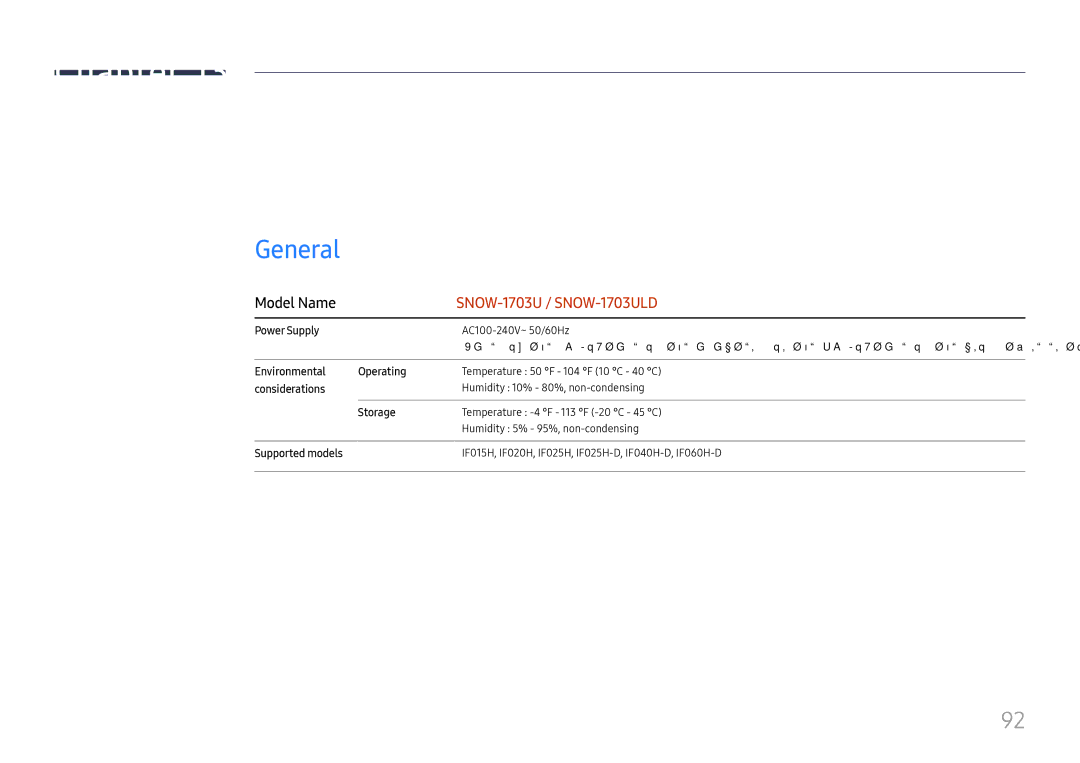 Samsung LH025IFHSAS/EN, SBB-SNOWH3U/EN, LH025IFHTAS/EN, LH015IFHTAS/EN, LH015IFHSAS/EN manual Specifications, Model Name 