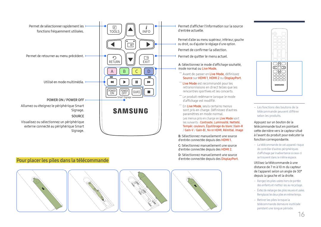 Samsung LH015IFHSAS/EN manual Pour placer les piles dans la télécommande, Allumez ou éteignez le périphérique Smart Signage 