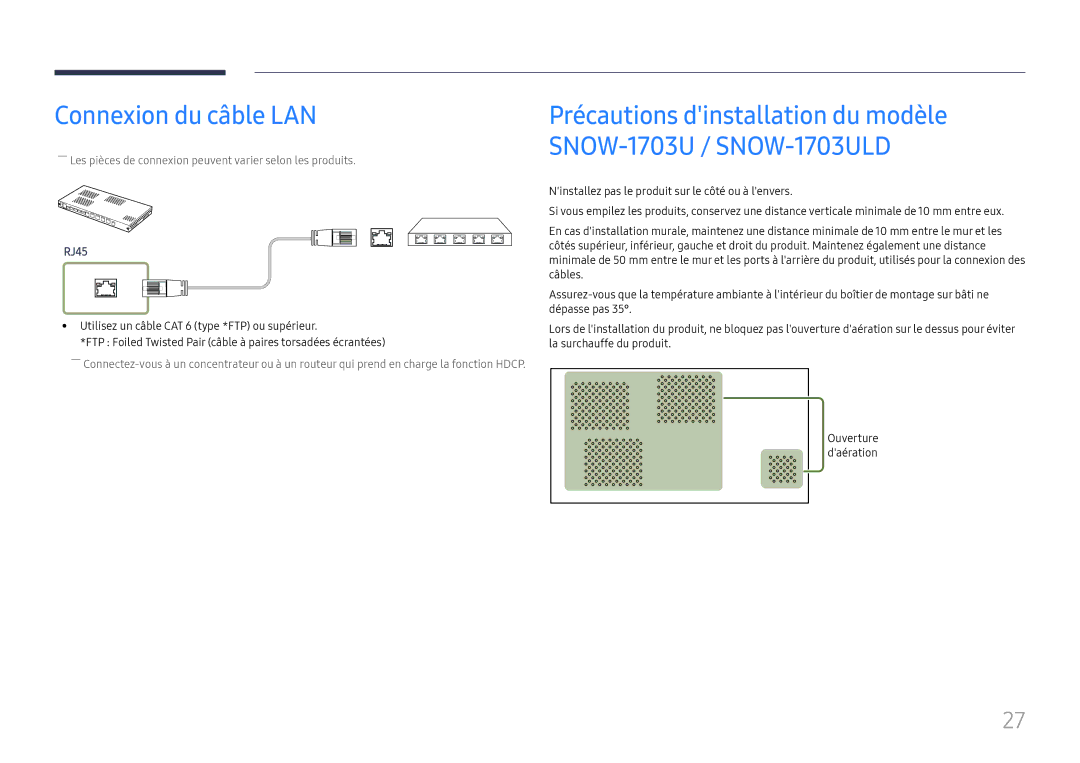 Samsung LH015IFHTAS/EN, SBB-SNOWH3U/EN, LH025IFHSAS/EN, LH025IFHTAS/EN, LH015IFHSAS/EN manual Connexion du câble LAN, RJ45 