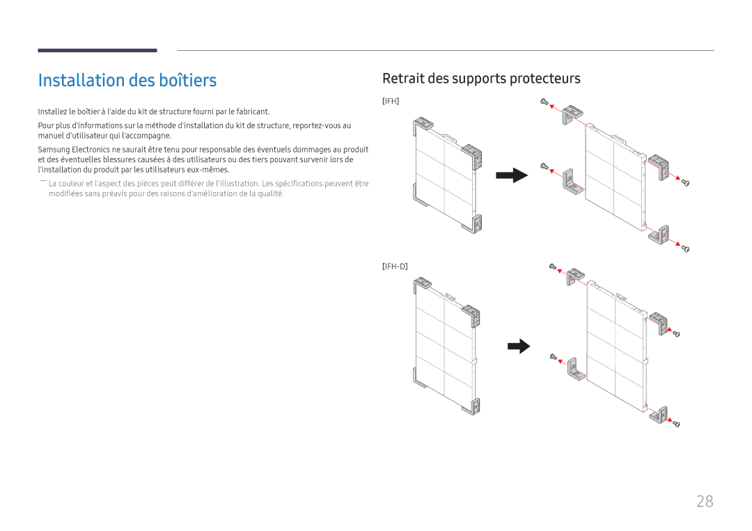 Samsung LH015IFHSAS/EN, SBB-SNOWH3U/EN, LH025IFHSAS/EN manual Installation des boîtiers, Retrait des supports protecteurs 