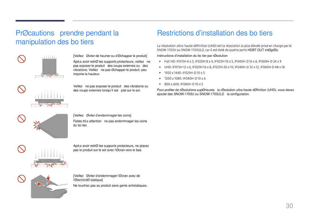 Samsung SBB-SNOWH3U/EN Restrictions dinstallation des boîtiers, Précautions à prendre pendant la manipulation des boîtiers 