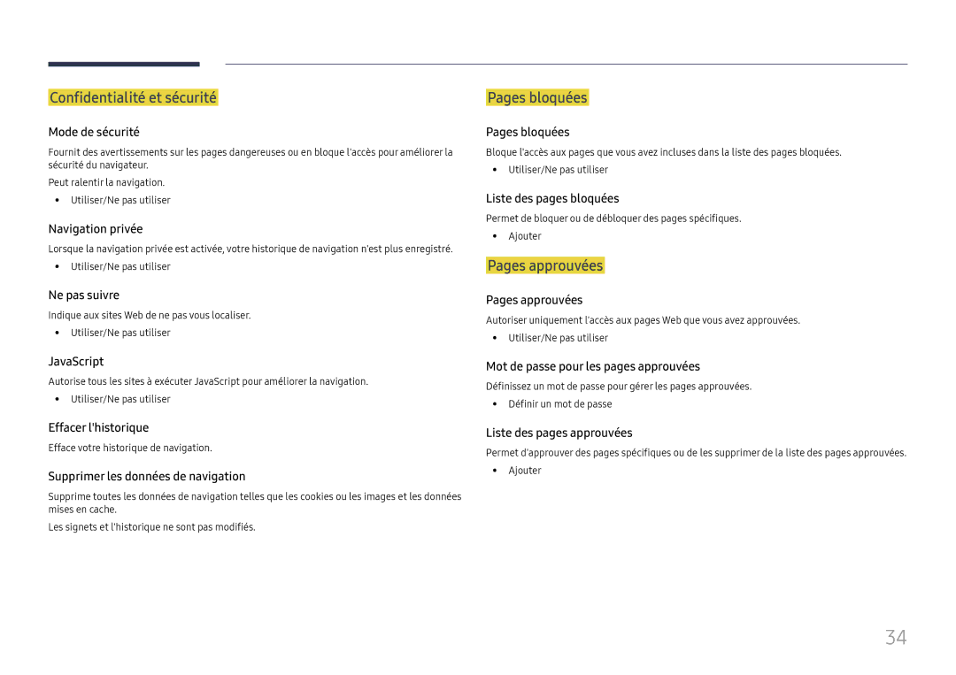 Samsung LH015IFHSAS/EN, SBB-SNOWH3U/EN, LH025IFHSAS/EN manual Confidentialité et sécurité, Pages bloquées, Pages approuvées 