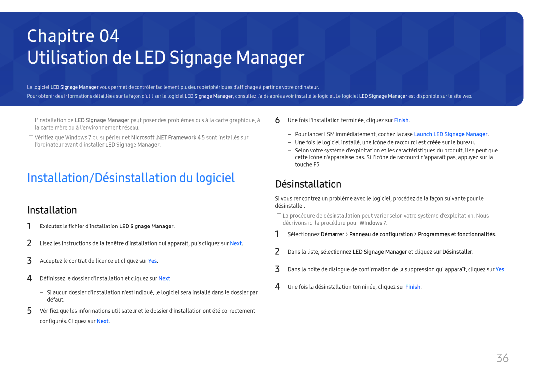 Samsung SBB-SNOWH3U/EN, LH025IFHSAS/EN manual Utilisation de LED Signage Manager, Installation/Désinstallation du logiciel 