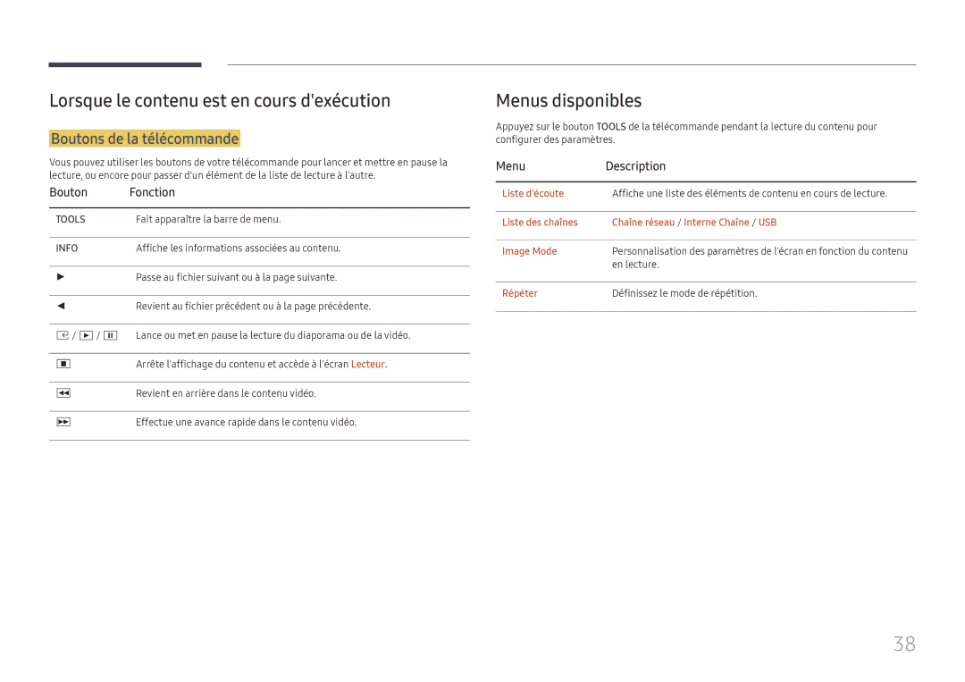 Samsung LH025IFHTAS/EN manual Lorsque le contenu est en cours dexécution, Menus disponibles, Boutons de la télécommande 