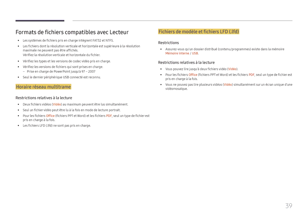 Samsung LH015IFHTAS/EN manual Formats de fichiers compatibles avec Lecteur, Horaire réseau multitrame, Restrictions 