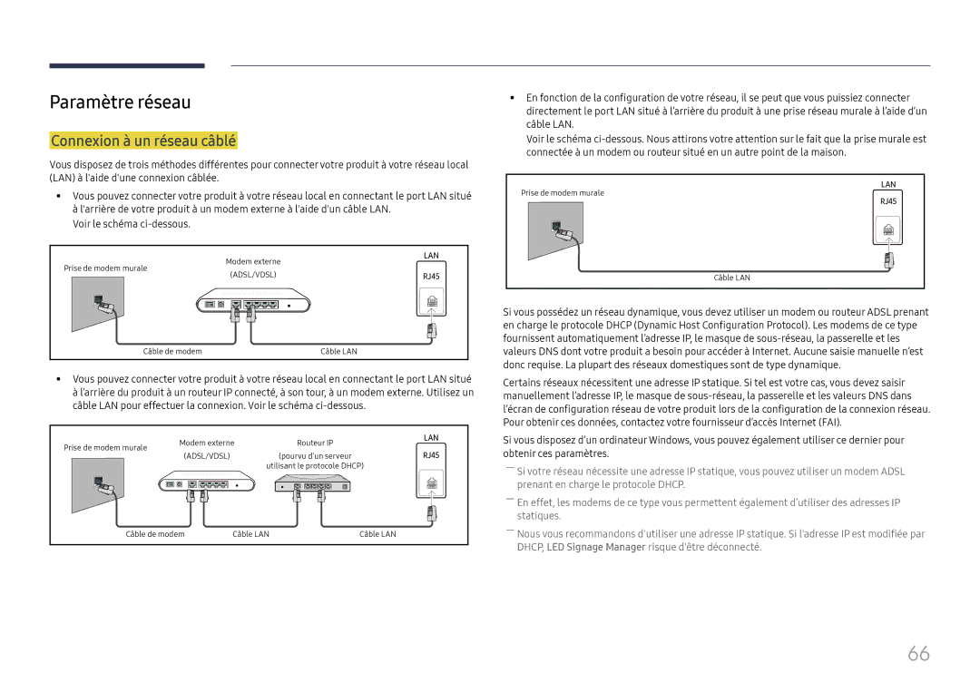 Samsung SBB-SNOWH3U/EN, LH025IFHSAS/EN, LH025IFHTAS/EN, LH015IFHTAS/EN manual Paramètre réseau, Connexion à un réseau câblé 