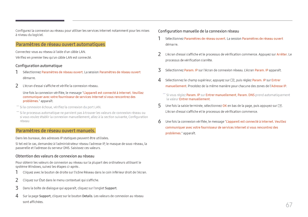 Samsung LH025IFHSAS/EN, SBB-SNOWH3U/EN manual Paramètres de réseau ouvert automatiques, Paramètres de réseau ouvert manuels 