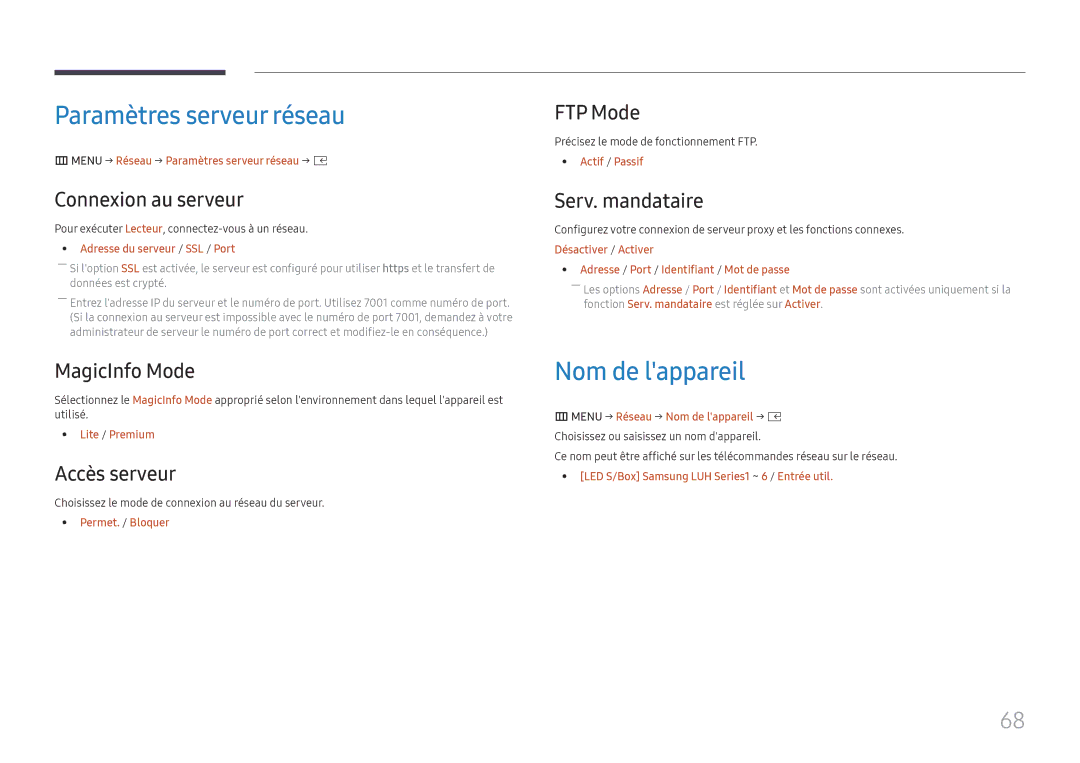 Samsung LH025IFHTAS/EN, SBB-SNOWH3U/EN, LH025IFHSAS/EN, LH015IFHTAS/EN manual Paramètres serveur réseau, Nom de lappareil 